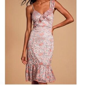 Lulus Fleur Allured Grey Pink Lace Formal Midi Dress Size Large Valentines